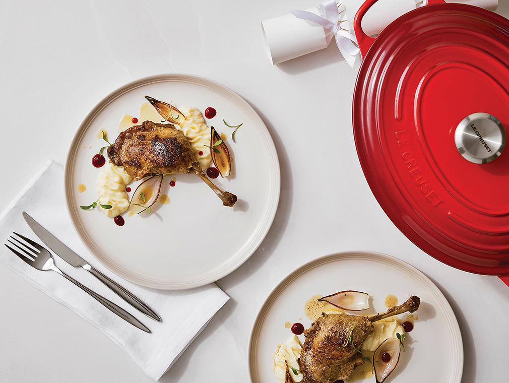 Ankconfit med potatispuré och rostad schalottenlök