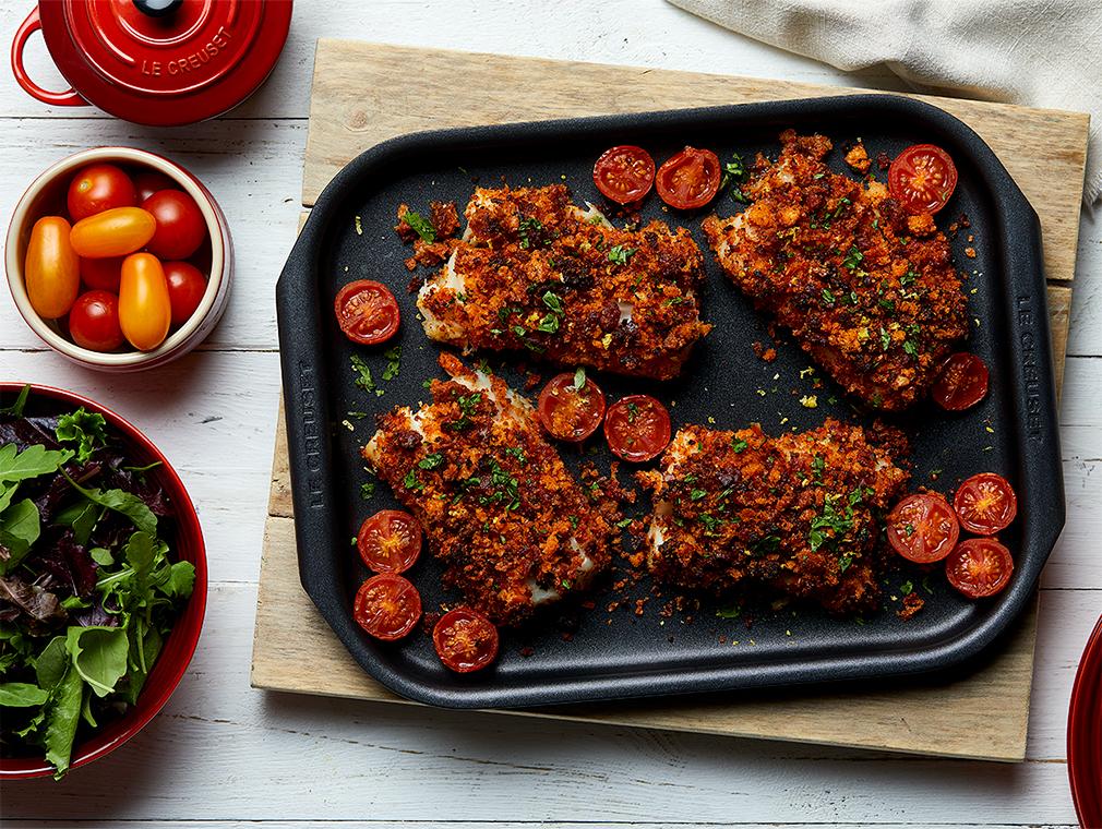 Frasig torsk med chorizo och bakade tomater