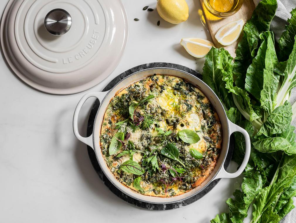 Frittata med spenat, getost och pumpafröpesto