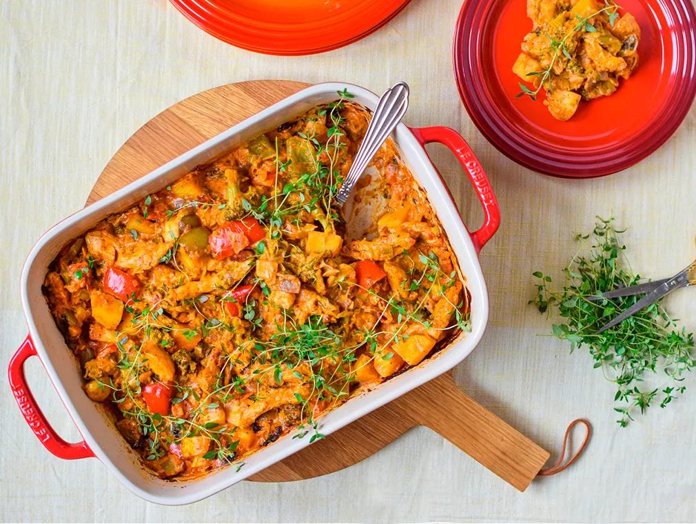 Potatisrätt med kyckling, grönt och kryddigt